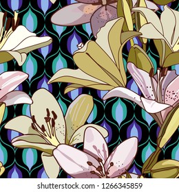 Lilies on vintage seamless pattern. Retro Style Sixties