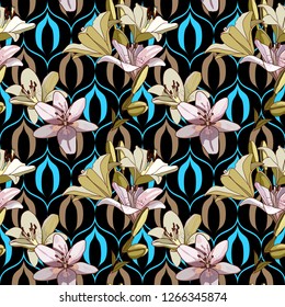 Lilies on vintage seamless pattern. Retro Style Sixties