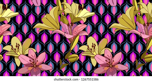 Lilies on vintage seamless pattern. Retro Style Sixties