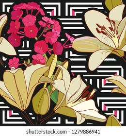 Lilies on vintage. Seamless pattern. 