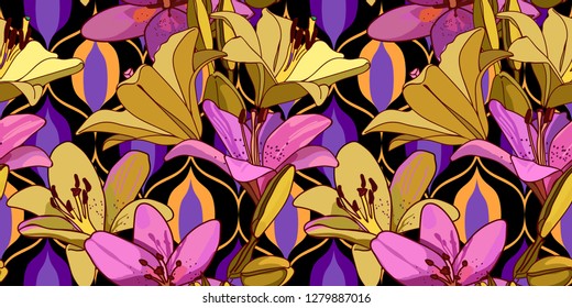 Lilies on vintage seamless pattern. Retro Style Sixties