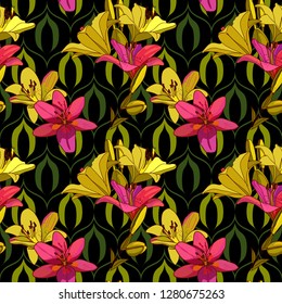 Lilies on vintage seamless pattern. Retro Style Sixties