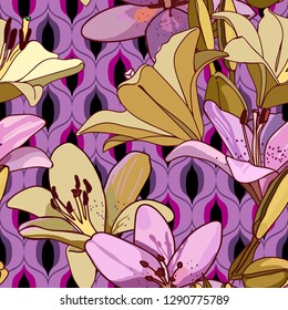 Lilies on vintage seamless pattern. Retro Style Sixties