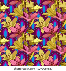 Lilies on vintage seamless pattern. Retro Style Sixties