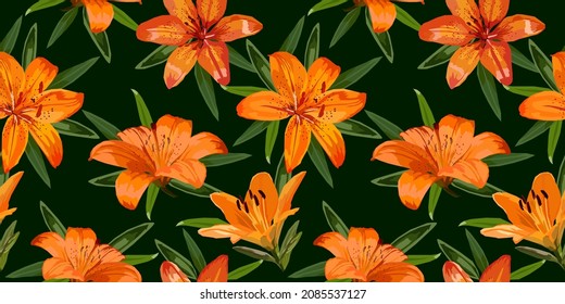 Lilies in orange color vector seamless pattern