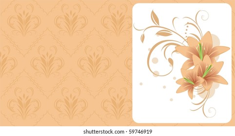 Lilies with ornament. Decorative background for card. Vector