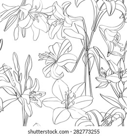 Lilies pattern with superposed flowers, hand drawn doodles over white