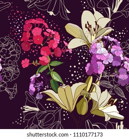 Lilies and phloxes. Seamless pattern with garden flowers.