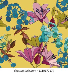 Lilies and phloxes. Seamless pattern with garden flowers.