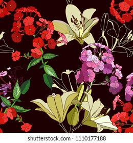 Lilies and phloxes. Seamless pattern with garden flowers.