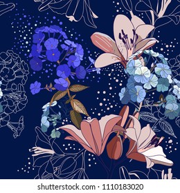 Lilies and phloxes. Seamless pattern with garden flowers.
