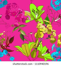 Lilies and phloxes. Seamless pattern with garden flowers.