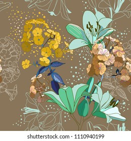 Lilies and phloxes. Seamless pattern with garden flowers.