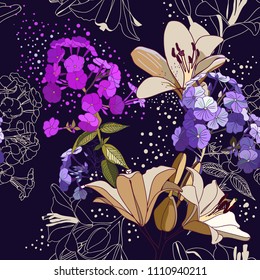Lilies and phloxes. Seamless pattern with garden flowers.