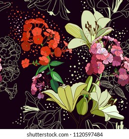 Lírios e phloxes. Padrão perfeito com flores de jardim.