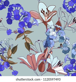 Lilies and phloxes. Seamless pattern with garden flowers.