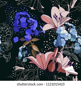 Lilies and phloxes. Seamless pattern with garden flowers.
