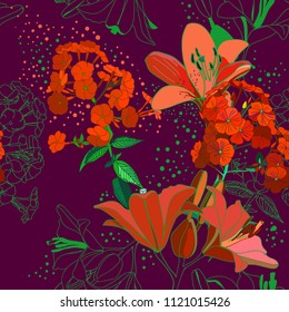 Lilies and phloxes. Seamless pattern with garden flowers.