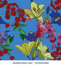 Lilies and phloxes. Seamless pattern with garden flowers.