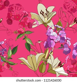 Lilies and phloxes. Seamless pattern with garden flowers.