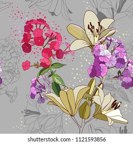 Lilies and phloxes. Seamless pattern with garden flowers.