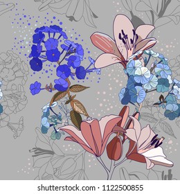 Lilies and phloxes. Seamless pattern with garden flowers.