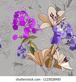 Lilies and phloxes. Seamless pattern with garden flowers.