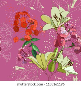 Lilies and phloxes. Seamless pattern with garden flowers.