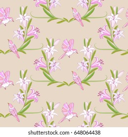 Lilies and pink birds seamless pattern