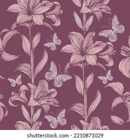 Lilies seamless background. pattern with hand-drawn fabric . Vector illustration