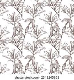 Lilies seamless pattern in ink. Hand drawn vector illustration of flowers and leaves in graphic style. Textile, fabric, covers, packaging, wallpaper.