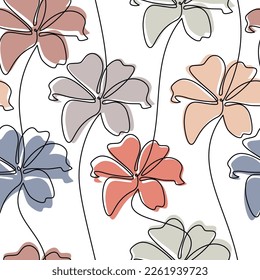 Lilies seamless pattern. Line continuous flower vector illustration. Botanical outline backdrop. Floral wallpaper, background, fabric, textile, print, wrapping paper or package design.