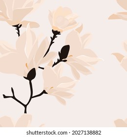 Lilies seamless pattern. Magnolia flowers in delicate pastel tones. Beige petals Border for wrapping paper. Ideal for wallpaper, surface textures, textiles.