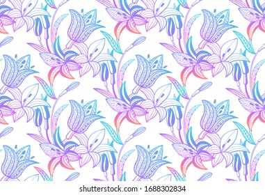 Lilies seamless pattern. Violet lilac gradient ornamental flower pattern. Vector illustration.