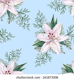 Lilies seamless watercolor pattern in light blue background