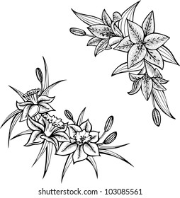 Lilies. Set of two black and white vector illustrations.
