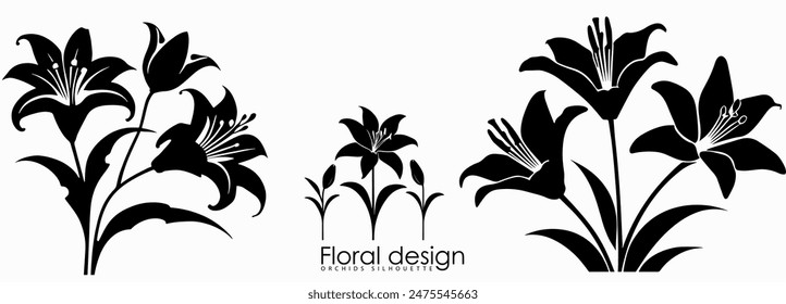 Lilies silhouette collection . Floral design, vector symbols and icons