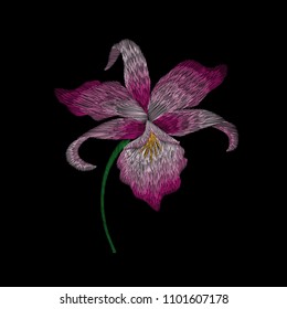 lilies. Traditional folk stylish stylish floral embroidery on the black background. Sketch for printing on clothing, fabric, masks, accessories and design. Trend vector