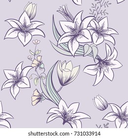 Lilies and tulips. Seamless pattern.