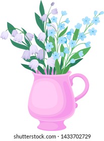 Lilies of the valley and cornflowers in the mug. Vector illustration on white background.