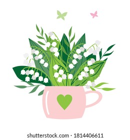Lilies of the valley in a Cup. Vector, white background, isolated.