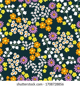 Lilies of the valley and daisies. Trendy fabric pattern with small flowers. Botanical seamless print with different floral elements. Vintage textile collection.