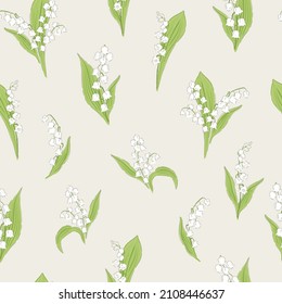 Lilies of the valley flower hand drawn vector seamless pattern. Vintage Romantic Spring Garden Bloom background. Liberty inspired retro floral print for fashion fabric, home textile, Easter design