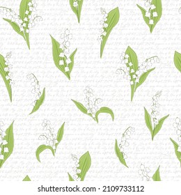 Lilies of the valley flower on calligraphic background hand drawn vector seamless pattern. Vintage Romantic Spring Garden Bloom background. Retro floral print for Easter spring design