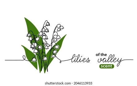 Lilies of the valley flowers one line art drawing. Simple vector line illustration with lettering Lilies valley.