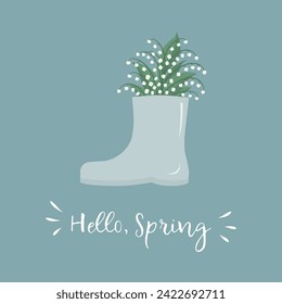 Lilien des Tals in grauem Gummi Stiefel. Frühlingsblumen. Hallo Frühling Konzept. Blumenkomposition. Vektorgrafik auf blauem Hintergrund