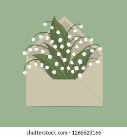 Lilies of the valley in the mail envelope. Spring flowers. Floral composition. Vector illustration on a green background