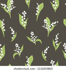 Lilies of the valley on dark background hand drawn vector seamless pattern. Vintage Romantic Spring Garden Bloom background. Liberty inspired retro floral print for fashion fabric, home textile