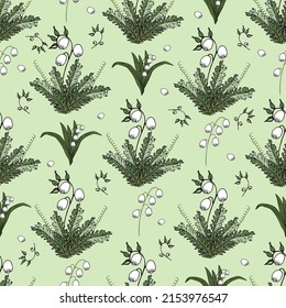 Lilies of the valley seamless background for creating textiles, prints, digital paper and more. Abstract green vector floral seamless pattern white lilies of the valley.