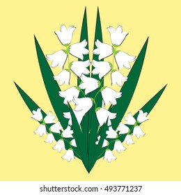 Lilies of the valley. Spring flowers. White buds with green leaves. Illustration on a yellow background. An endangered plant.